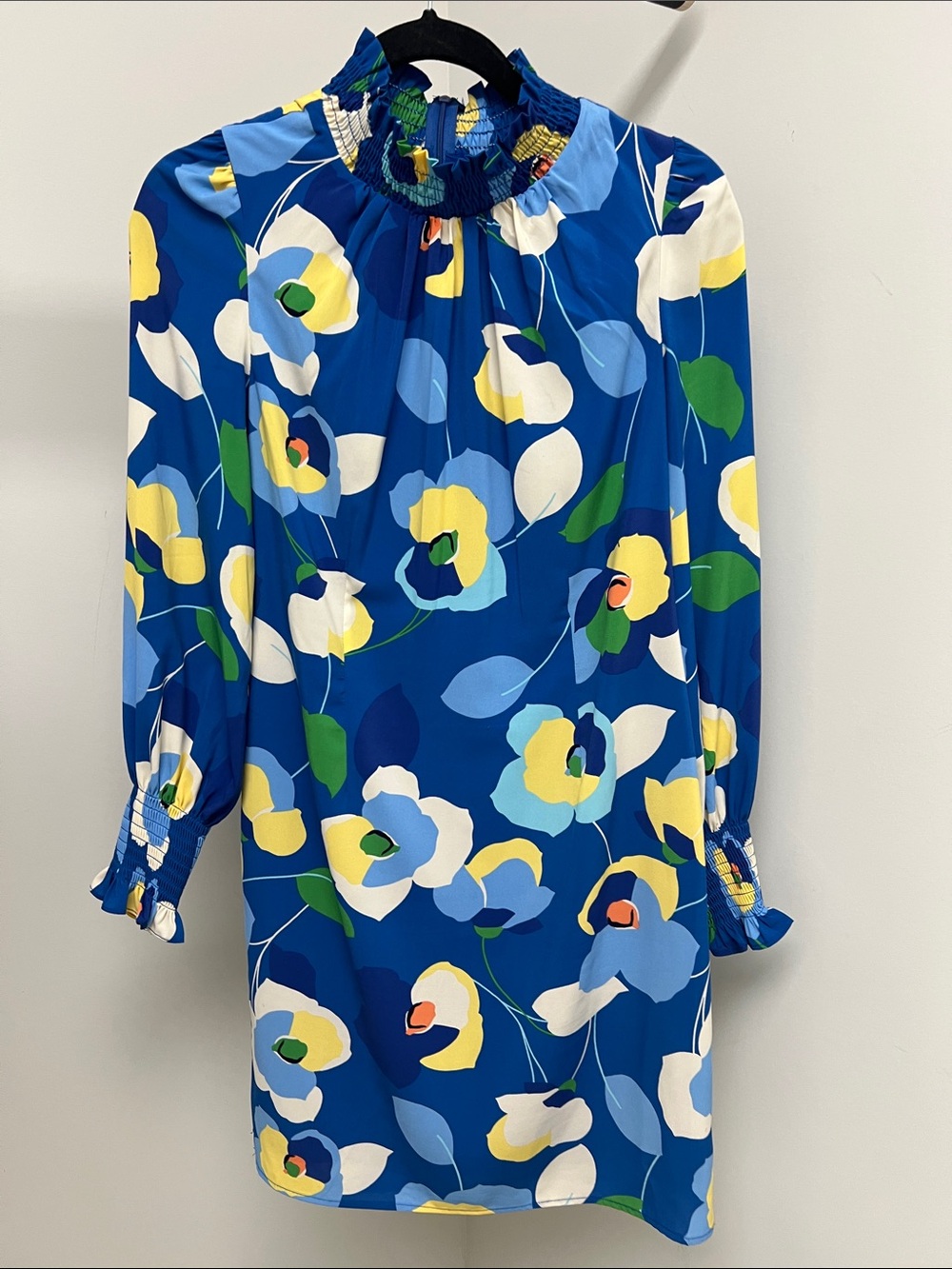 Donna Morgan Blue Floral Ruffled-Neck Long Sleeve Shift Dress